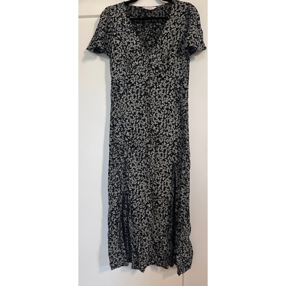 Black and White Floral Button-Front Midi Dress